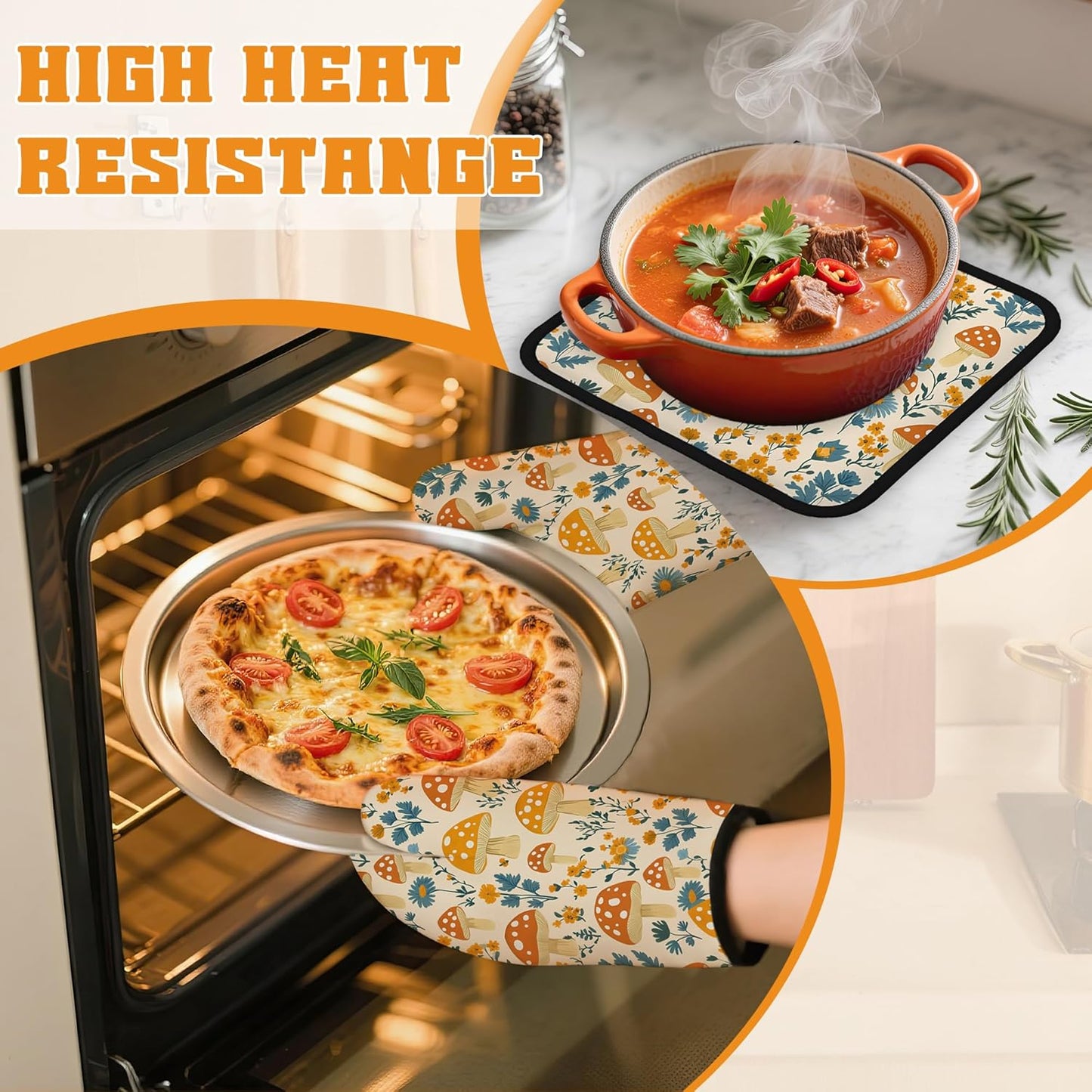 Cute Mushroom Forest Oven Mitts and Pot Holders,Floral Flower Heat Resistant Oven Mitts Gloves and Pot Holder for Home Kitchen Decorations Cooking Baking BBQ Gifts,Set of 4