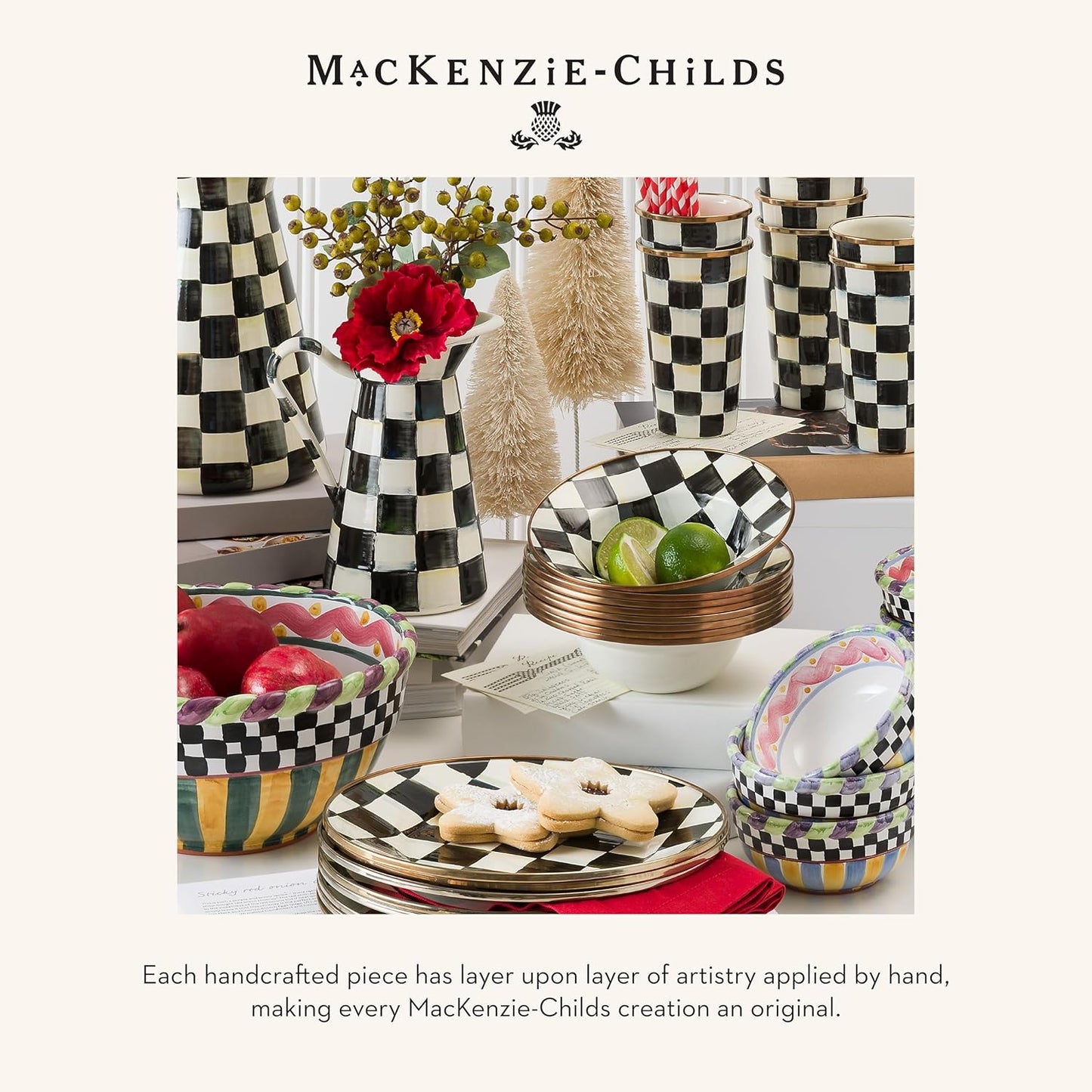 MACKENZIE-CHILDS Enamel Salad Serving Set, Enamel Bowl and Wooden Salad Servers, Decorative Kitchen Set, Black-and-White Courtly Check
