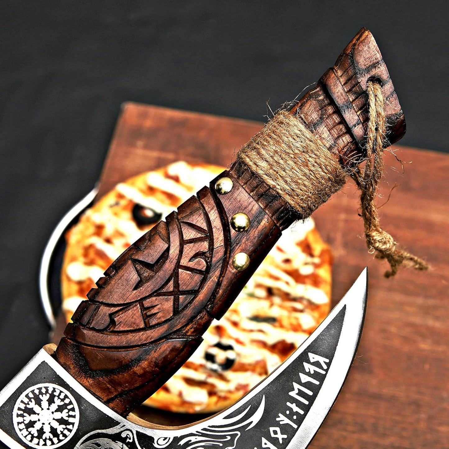 MR. CRAFT Pizza Cutter Axe Rocker Carbon Steel Slicer Chef Pizza Cutter Viking Axe with Leather Cover - Premium Pizza Oven Accessories Ulu Rocking Pizza Gift Gifts for Men (Royal Skull)