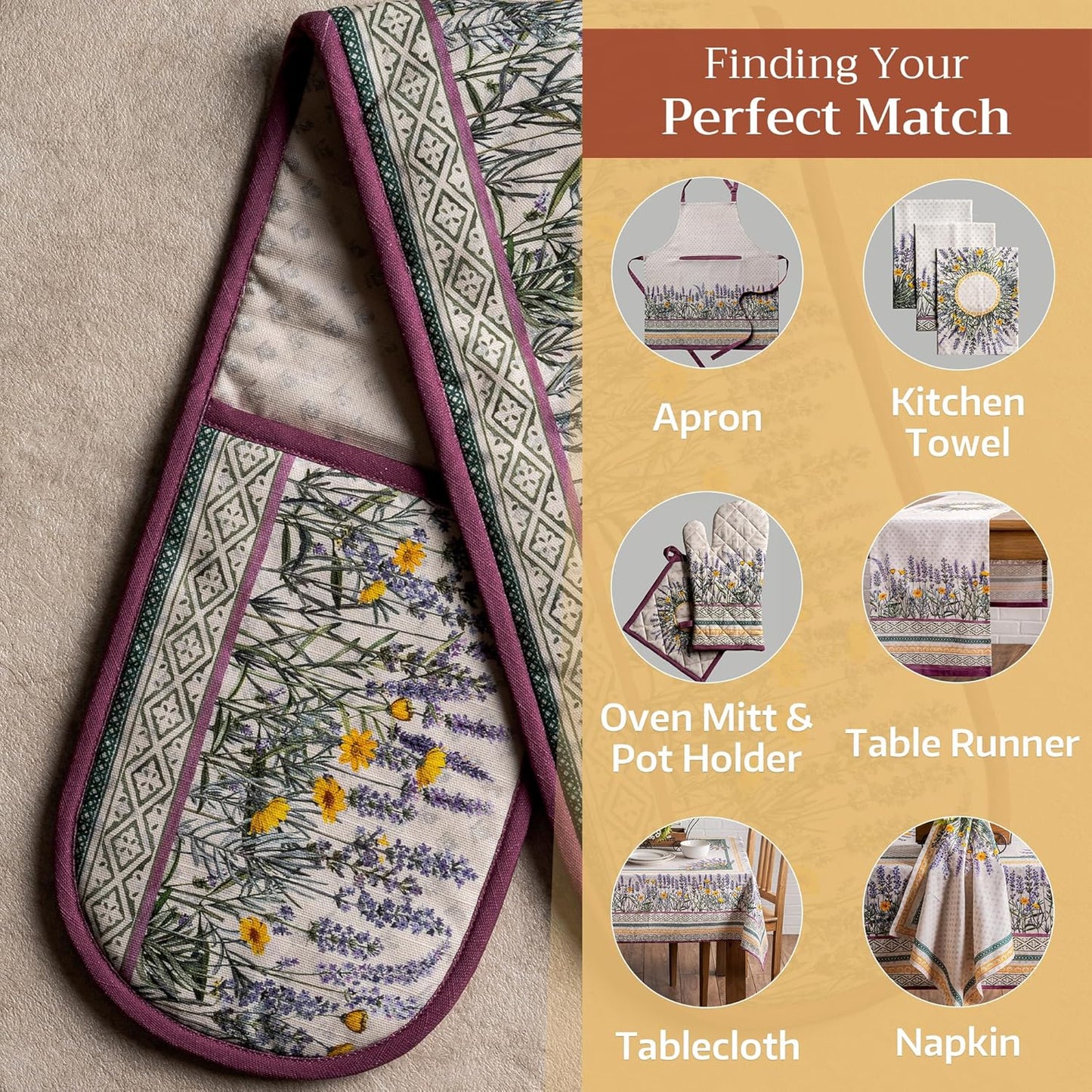 Maison d' Hermine Double Oven Mitts 100% Cotton 7"x35" Double Oven Mitt Heat Resistant BBQ Cooking Gloves with Loop, Baking, Grilling, Home, Kitchen, Handling Hot Pans Spring Summer (Fanny Lavender)