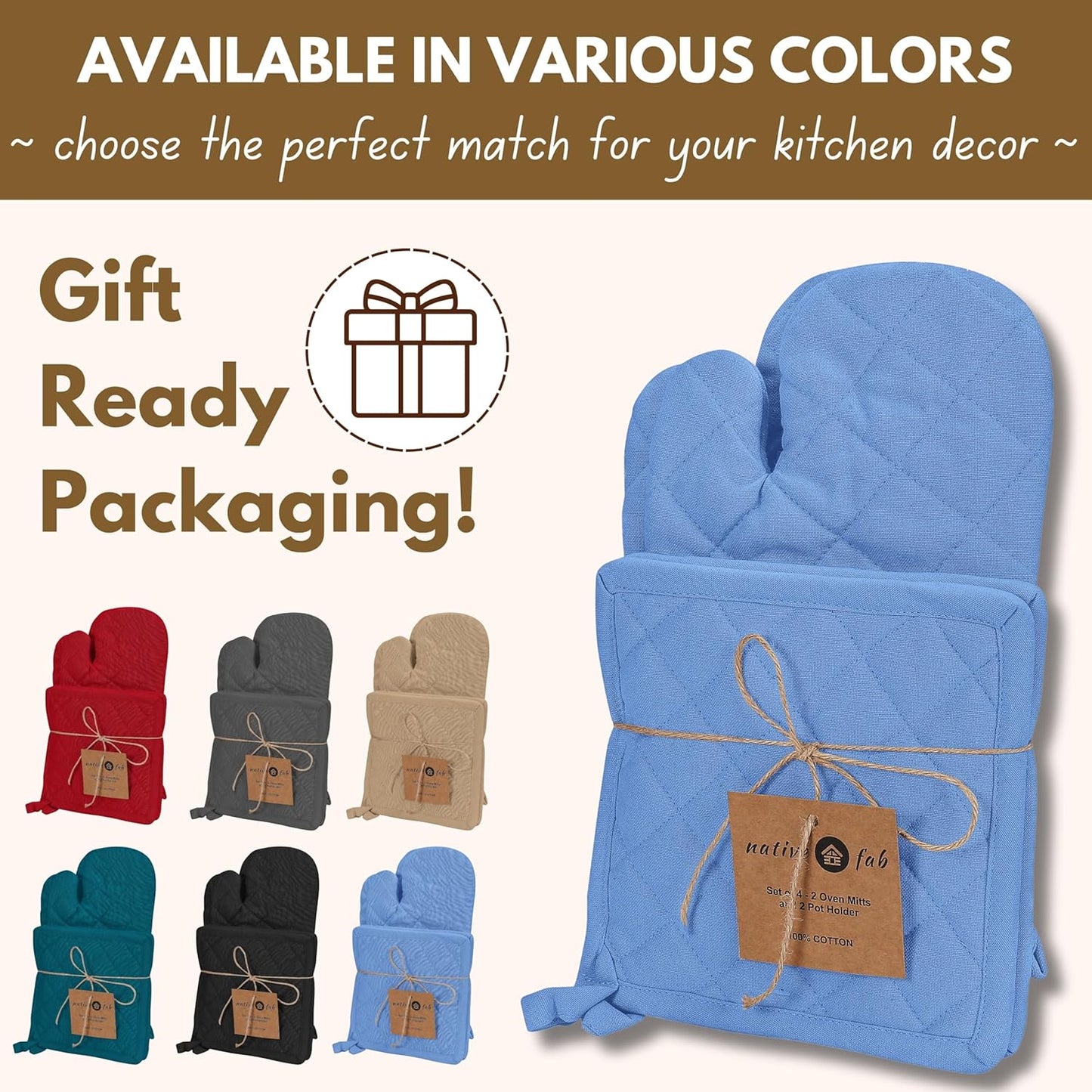 Native Fab Pot Holders and Oven Mitts Sets for Kitchen Heat Resistant - Hanging Non-Slip - 100% Cotton Kitchen Oven Mitts and Pot Holders 4-Piece Set - Blue