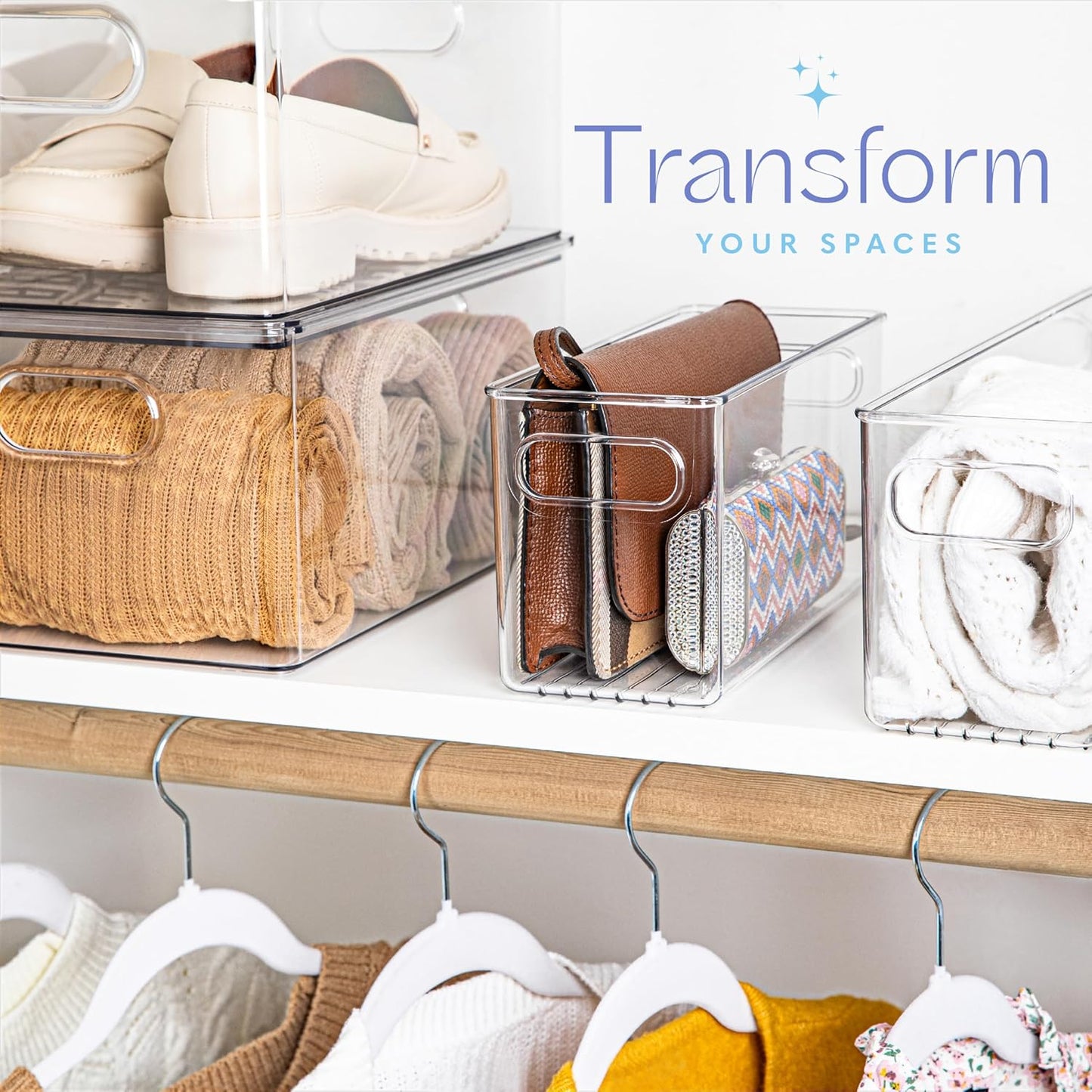 2 pack Clear Plastic Storage Container Bin with Integrated Easy Grip Handles. For Kitchen, Fridge, Freezer, Cabinet, Pantry, Bathroom Organization. 10"x4"x5"