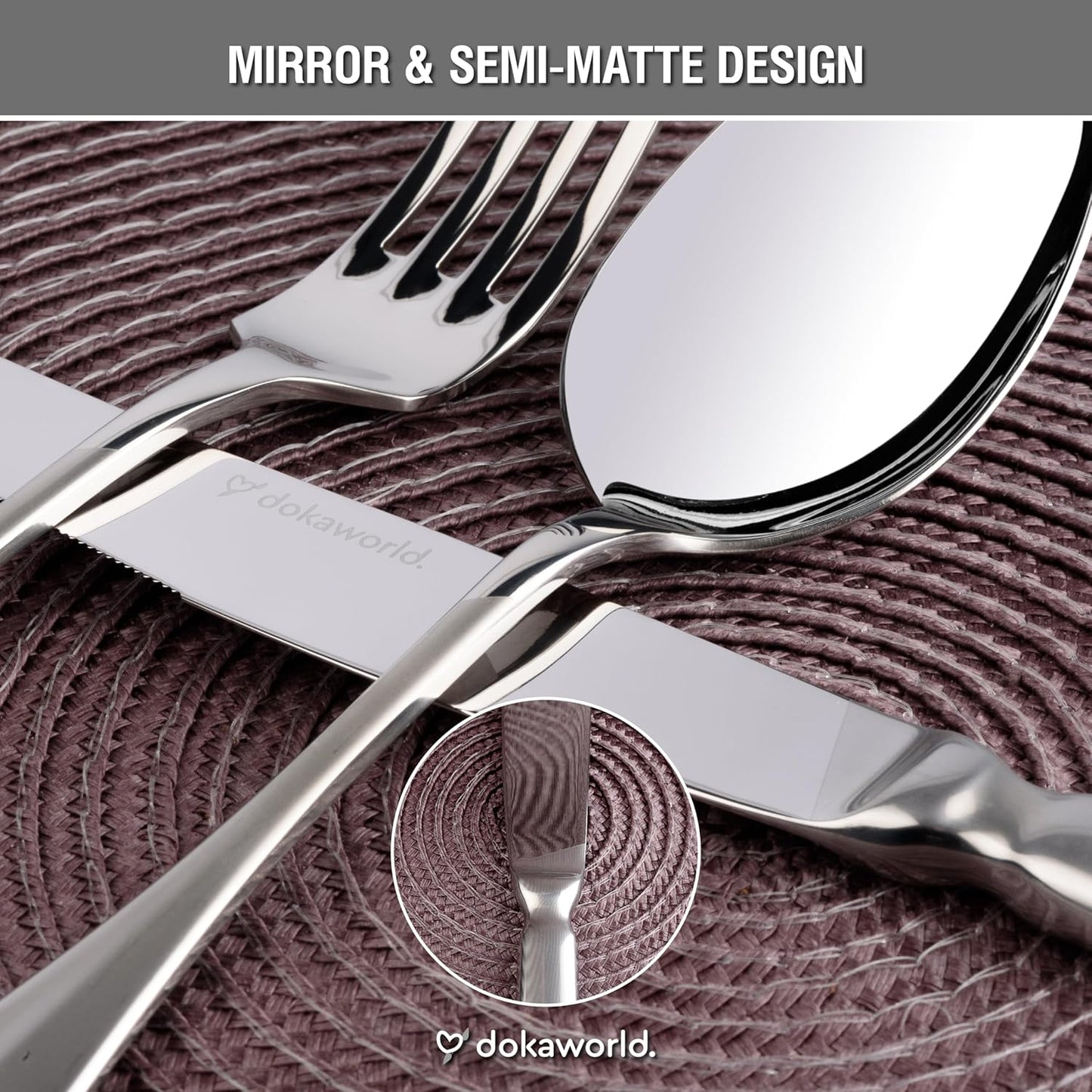 Semi-Matte Design Flatware, Silverware Set for 8 persons, 40 Piece - Spoons, Forks, and Knives 18/10 Stainless Steel, Dishwasher Safe