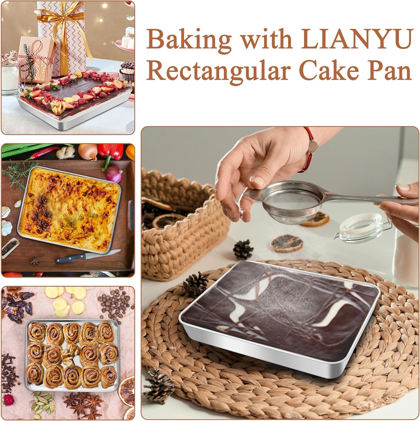 LIANYU Rectangle Baking Pan Set of 3, 12⅓ x 9¾ x 2 Inch Cake Lasagna Pan, Stainless Steel Toaster Oven Bakeware for Casseroles Brownies, Oven & Dishwasher Safe