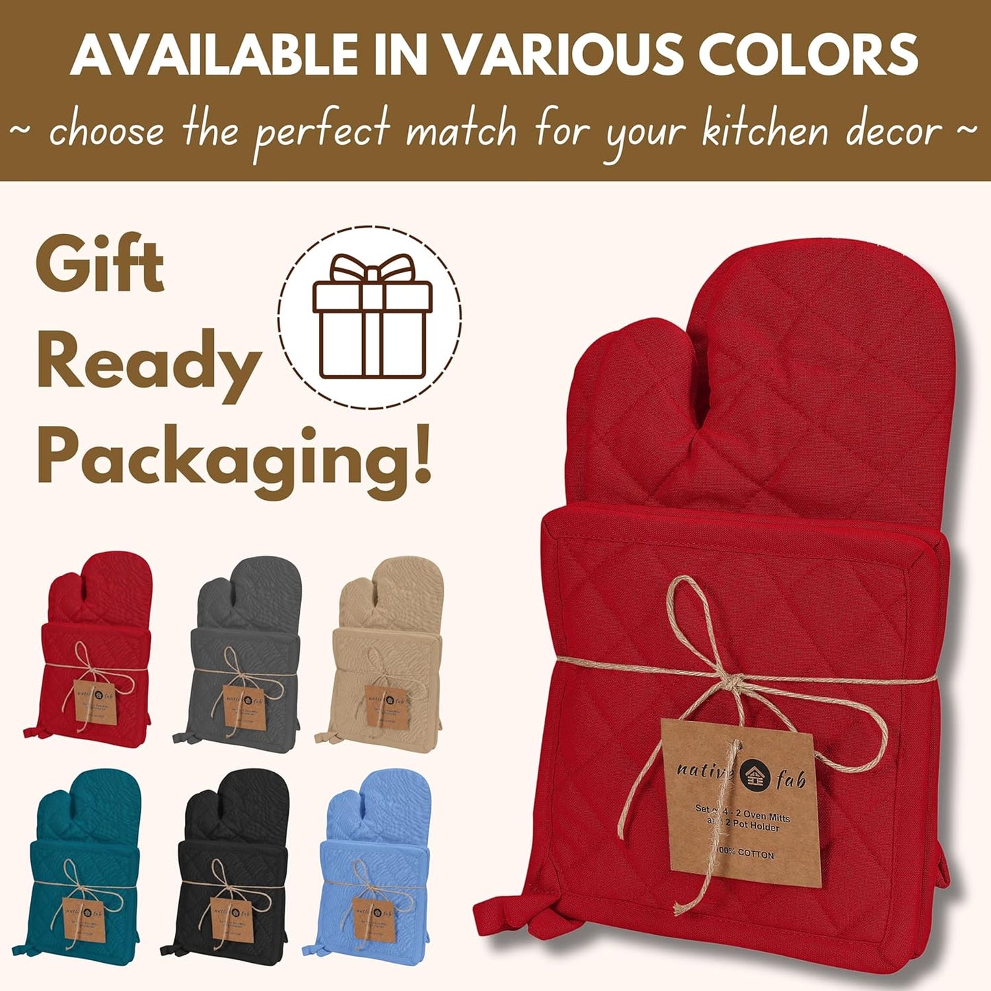 Native Fab Pot Holders and Oven Mitts Sets for Kitchen Heat Resistant - Hanging Non-Slip - 100% Cotton Kitchen Oven Mitts and Pot Holders 4-Piece Set - Red