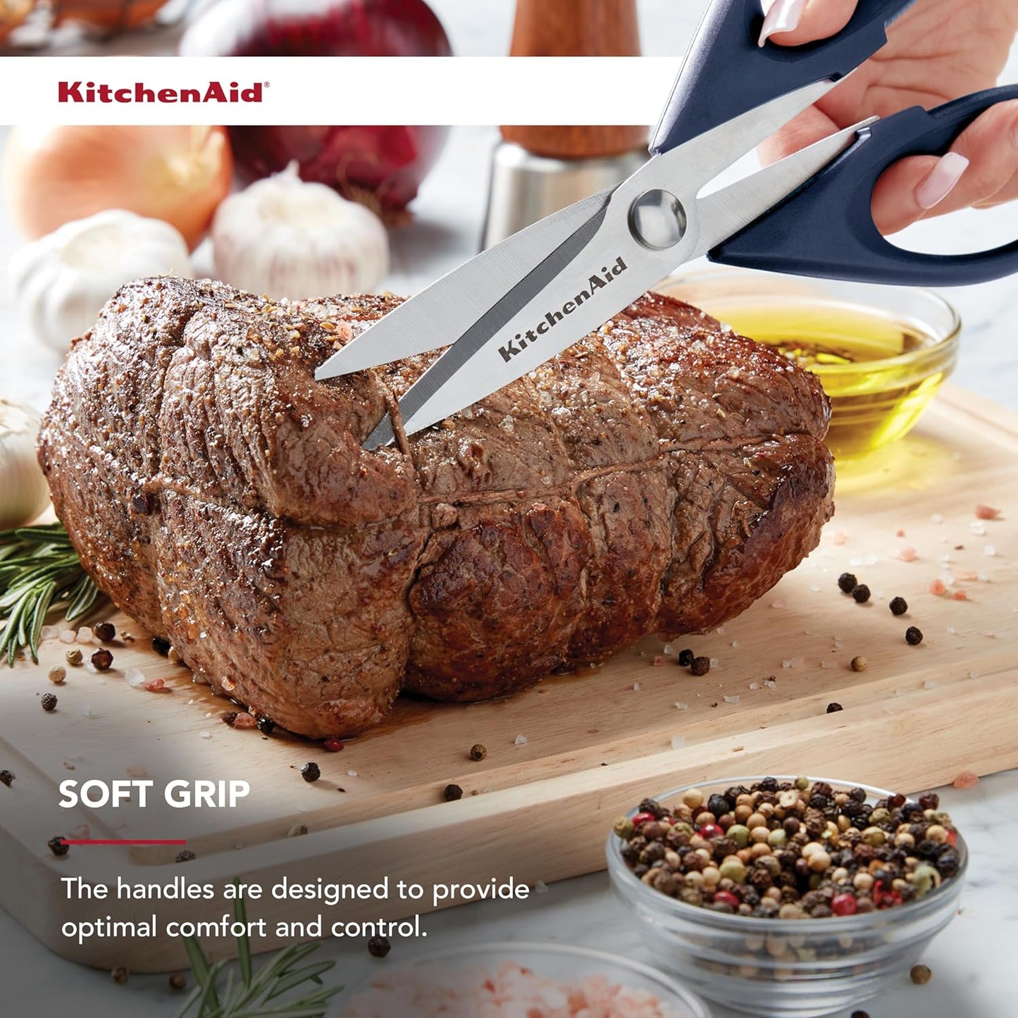 KitchenAid All Purpose Kitchen Shears with Protective Sheath Durable Stainless Steel Scissors, Dishwasher Safe, Soft Grip Comfort Handle, 8.72 Inch, Ink Blue