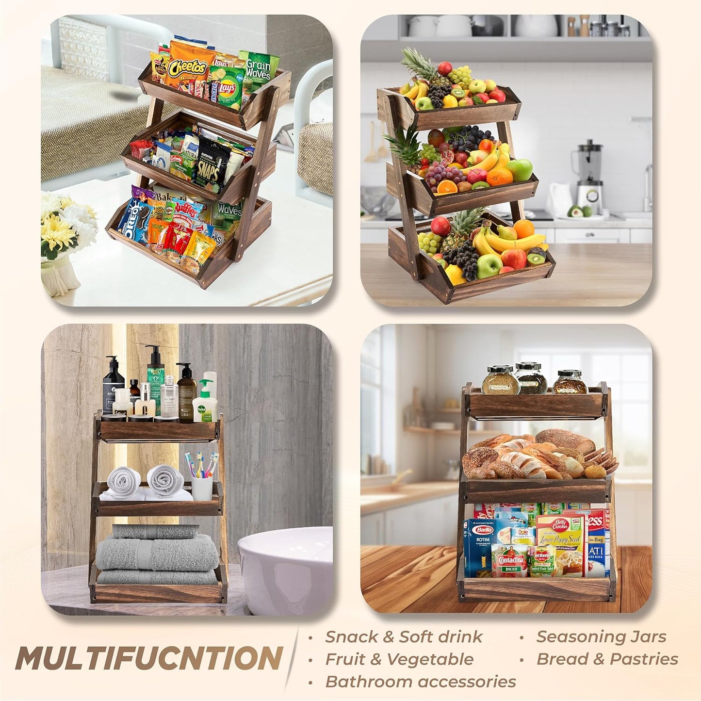 Fruit Basket, Fruit Bowl, 2 Tier Fruit Basket for Kitchen, Fruit Stand Storage Holder, Heavy Duty/Multipurpose/Large Capacity for Fruit, Vegetables, Bread Storage (Walnut, 3 Tier)