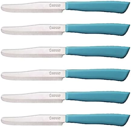 Tredoni 6 kitchen Knives - 4.3"/11cm Italian Stainless Steel Serrated Vegetable/Steak/Table Knife Cutlery, Rounded Tip (Azure)