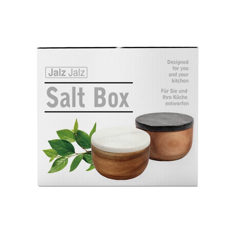 Large Wood Salt Box Salt cellar with Spoon Spice Salt Container salt holder Solid Natural Acacia Base White Grey Marble Lid Decorative Box Bowl Big Capacity Salt Cellar Spice Cellar