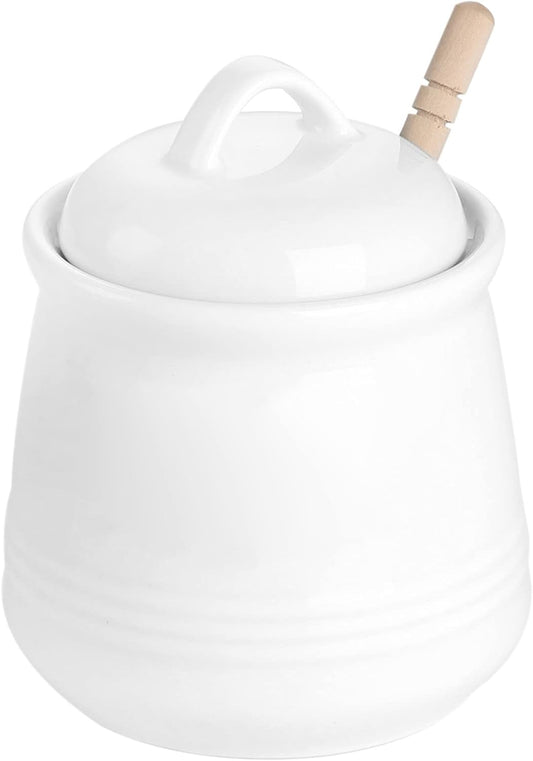 HAOTOP Ceramic Honey pot with Lid and Honey Dipper,Porcelain Honey Jar Easy to Clean and Dishwasher Safe,12oz (White)