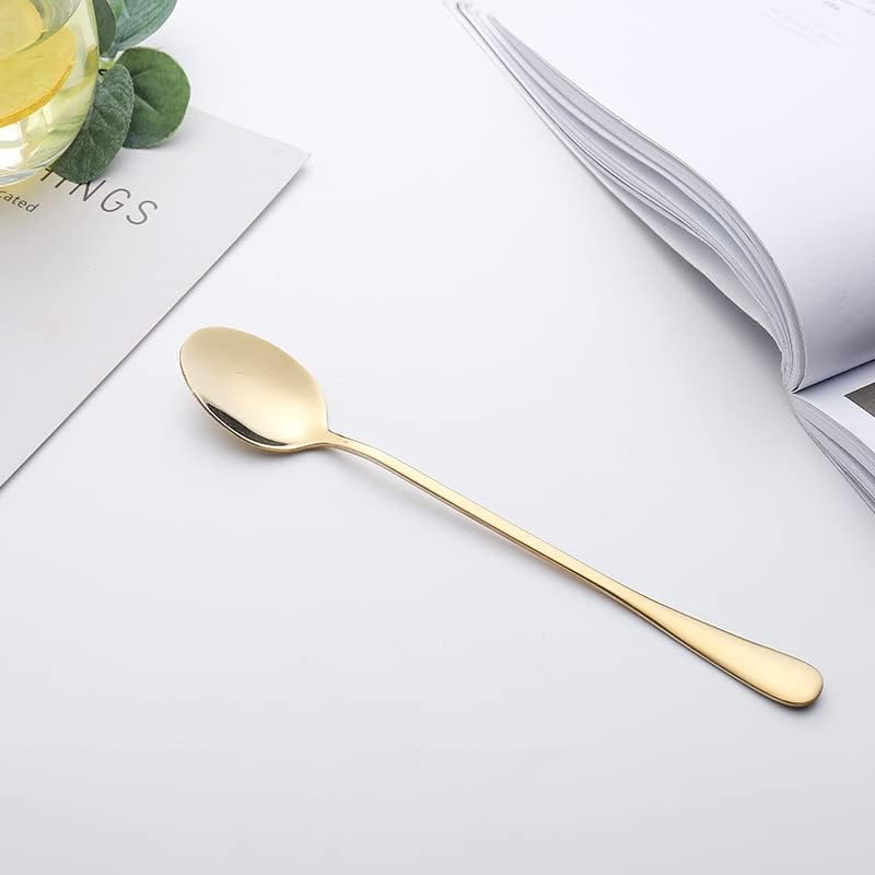 Set of 10 Long-Handle Spoons for Iced Tea, Coffee, and Desserts - Stainless Steel With Gold Plating Mixing Spoons