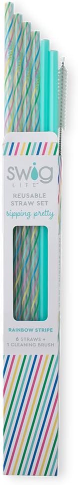 Swig Life Reusable Straws Rainbow + Aqua Tall Straw Set & Cleaning Brush, Each Straw is 10.25 inch Long (Fits Swig Life 20oz Tumblers, 22oz, and 32oz Tumblers)