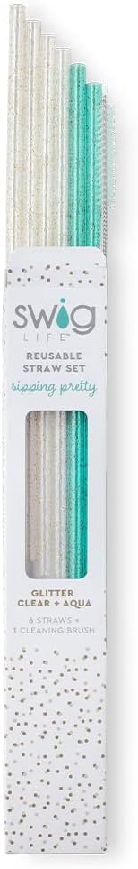 Swig Life Reusable Straws Glitter Clear + Aqua Tall Straw Set & Cleaning Brush, Each Straw is 10.25 inch Long (Fits Swig Life 20oz Tumblers, 22oz, and 32oz Tumblers)
