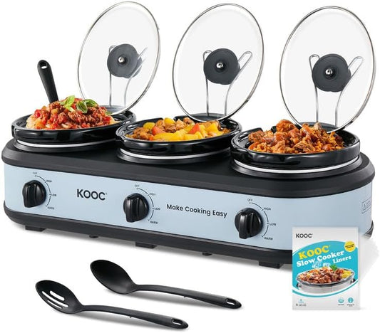 KOOC Triple Slow Cooker Buffet Server and Food Warmer 3x1.5 Quart Individual Temp Control With Lid Rests & Spoons With Liners Included Blue Grey