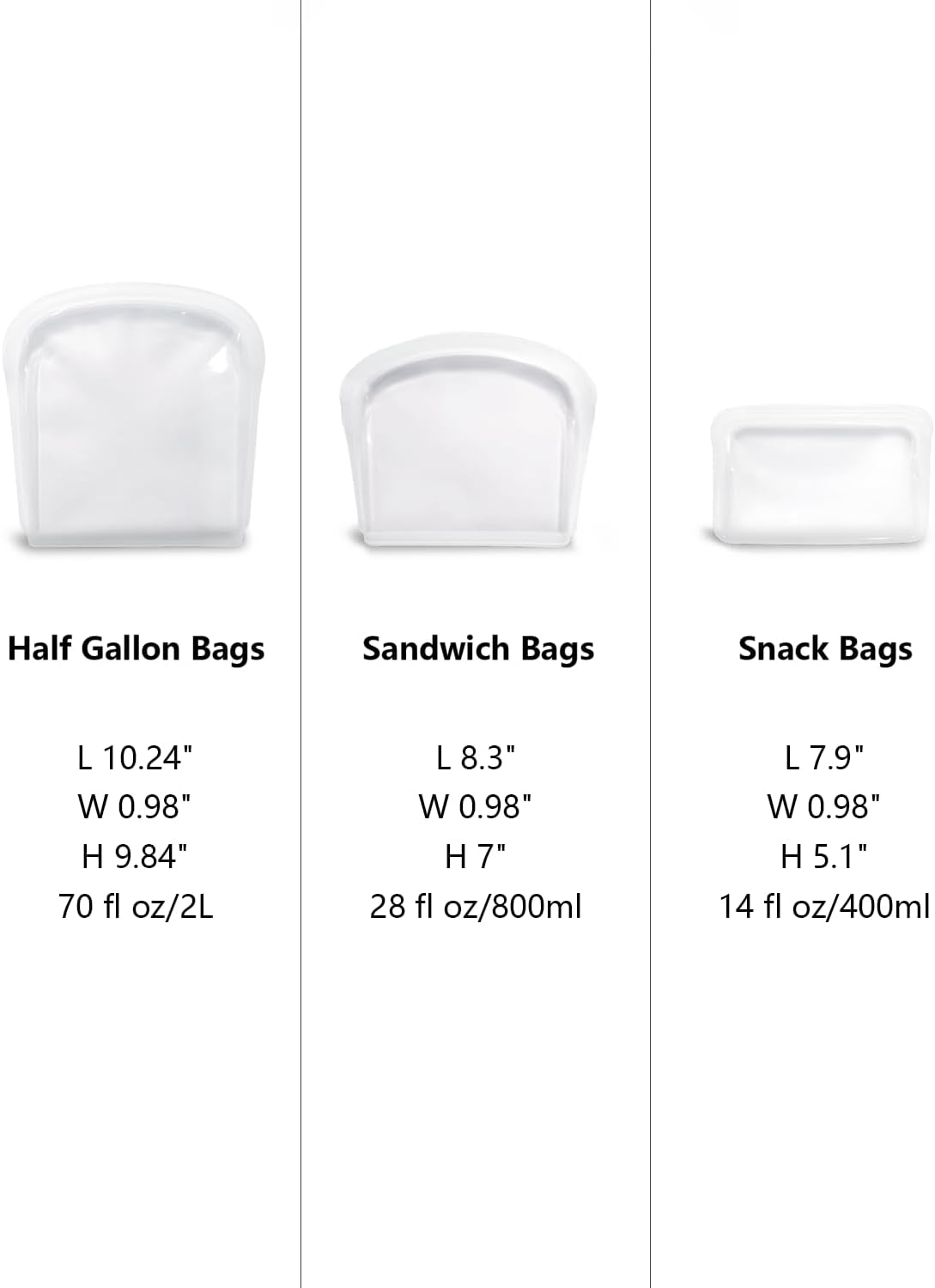 Reusable Silicone Storage Bags, 4Pack Snack Sandwich Half Gallon Bags, Endurables Seal-Top Silicone Bags for Food Storage, Freezer, Microwave, Oven, Dishwasher Safe, Heavy Duty