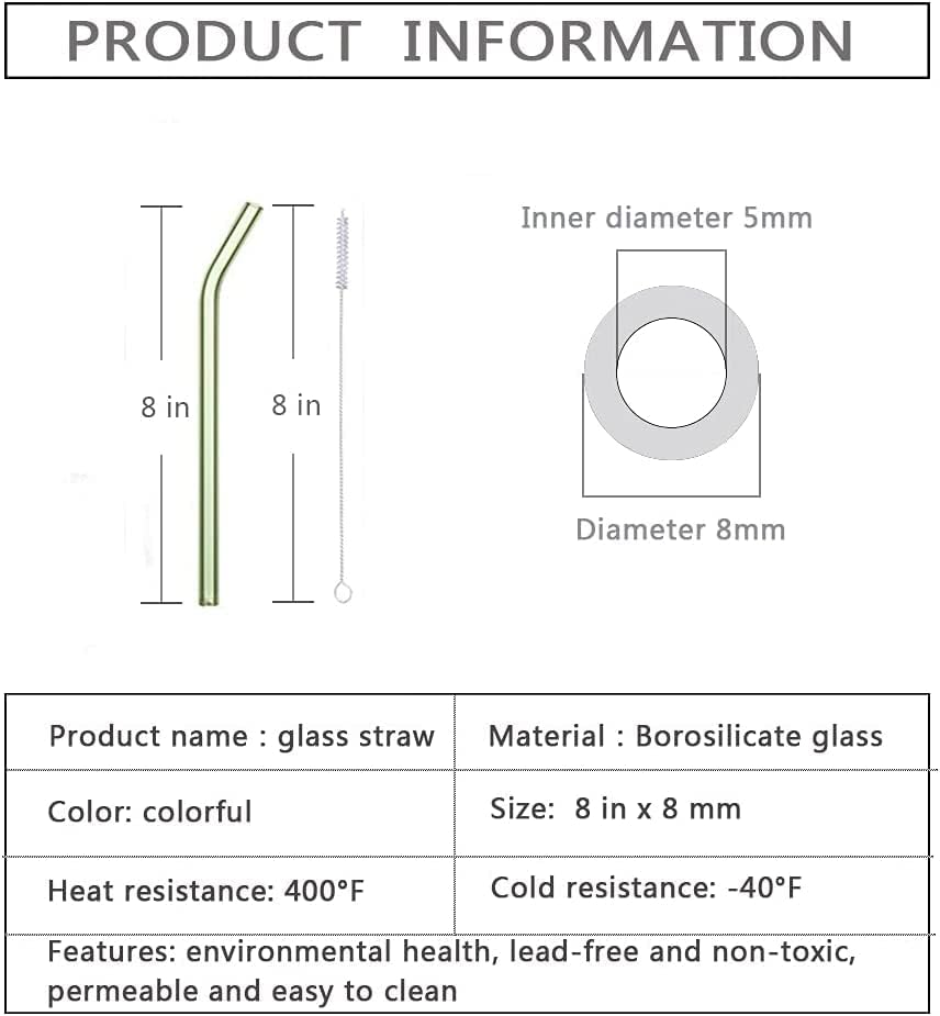 6 Reusable Colorful Curved Glass Straws, 8 Inches, Shatterproof and Heat-Resistant, Includes 2 Cleaning Brushes.