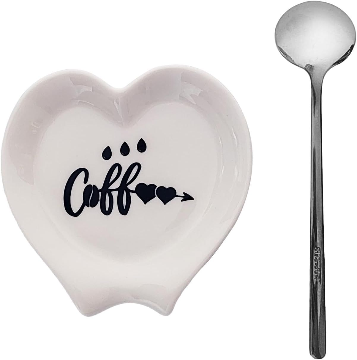 Heart-shaped Coffee Spoon Rest, Mini Coffee Spoon Holder, Small Ceramic Spoon Rest for Coffee Stirrers, Teaspoon, Bar Spoon, Coffee Bar Accessories, Coffee Station (White+Sliver spoon)