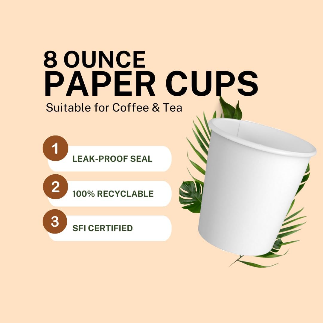 Paper Cups 8 oz 1000 Pack for Coffee & Tea Made in USA | Bulk 1000 Count for Home, Office, Restaurants & Parties | Recyclable Disposable 8 Ounce To-Go Cups for Hot Drinks