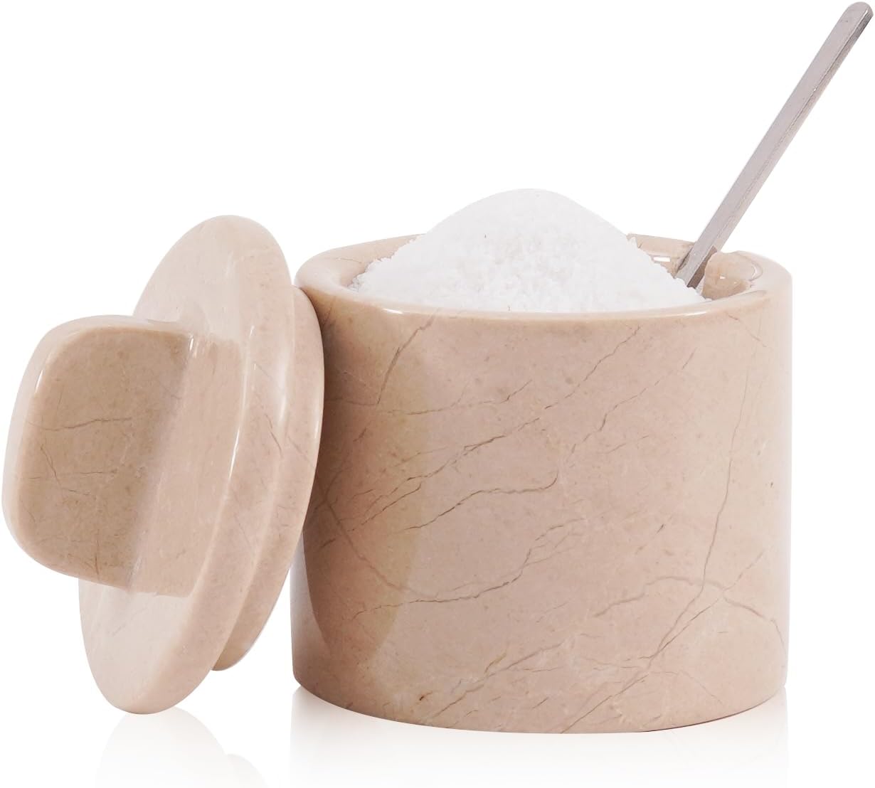 Marble Salt Cellar with Lid and Spoon 4 Inch Verona Handmade Spice Jars for Kitchen Storage - Flaky Salt Holder, Decorative Sugar Bowl & Small Seasoning Containers for Countertop Decor