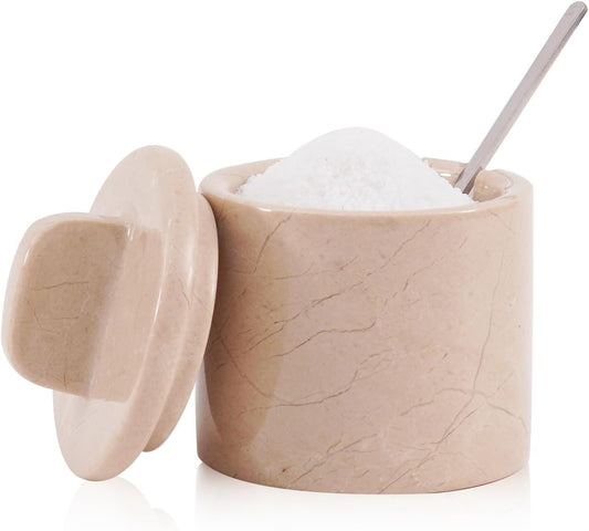 Marble Salt Cellar with Lid and Spoon 4 Inch Verona Handmade Spice Jars for Kitchen Storage - Flaky Salt Holder, Decorative Sugar Bowl & Small Seasoning Containers for Countertop Decor