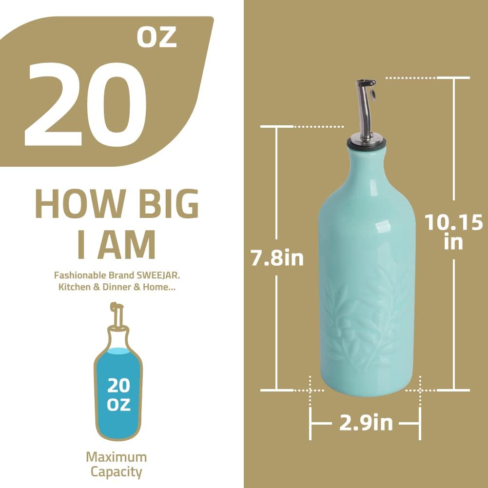Sweejar Ceramic Olive Oil Dispenser Bottle 20 Oz Relief Opaque Oil Cruet Protects To Reduce Oxidation Suitable for Storage Vinegar, Soy Sauce, Coffee Syrup, Liquids, Set of 1 (White Gold Spout)