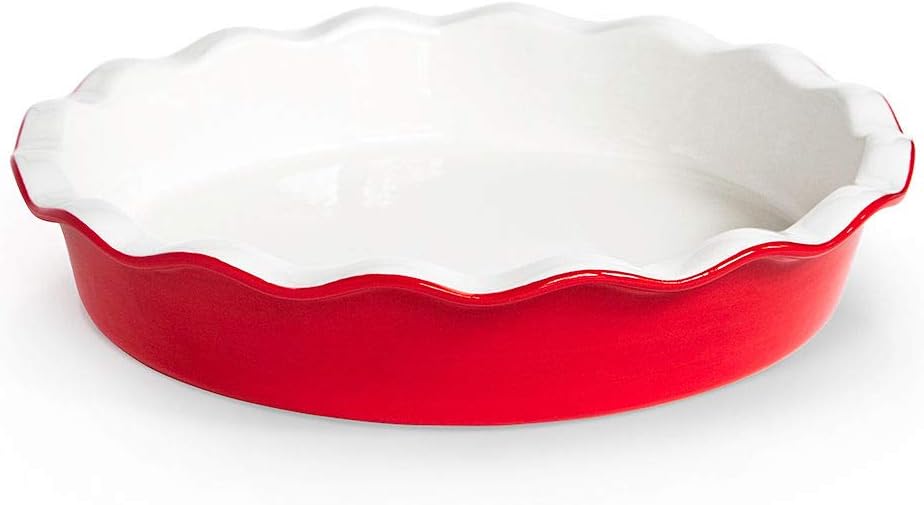 KooK Pie Dish, Pie Pan, Quiche Baking Dish, Ceramic Round, Deep Baking Dish, for Cakes, Tart, Microwave, Oven, Dishwasher Safe, 44 Oz, (Cherry)