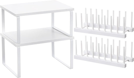 Marsui 4 Pcs Kitchen Organizer Accessories Set Cabinet Organizer Shelf and Bamboo Dish Drying Plate Rack Counter Shelves Storage Holder for Spice Rack, Dish, Pot Lid, Bowl, Cup (White)