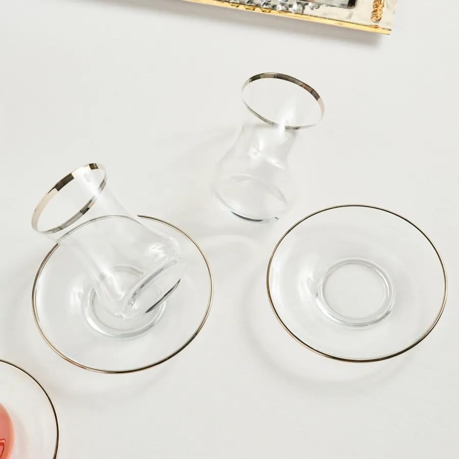 KARACA Sydney Elegant Tea Glass Set of 6 - (12 Piece) Clear Turkish Tea Cup Glasses and Saucers, 5.4 fl oz Curved Design Drinkware Cups, Dishwasher Safe, Platinum