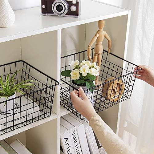 LeleCAT Wire Storage Baskets,Metal Wire Food Storage Organizer Bin Basket with Handles for Kitchen Cabinets, Pantry, Bathroom, Closets, Garage,Black 4 Pack