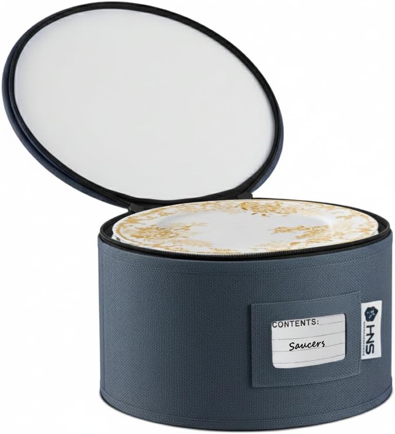 Saucers Storage Container - Hard Shell China Organizer with Dividers - Holds 12 Plates of 7" - Durable & Stackable Storage Box for Seasonal Dishware Protection - Denim Blue