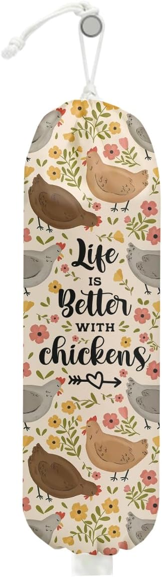 Rustic Chicken Plastic Bag Holder, Vintage Chickens Grocery Bag Holder for Plastic Bags, Pull Rope Free Adjustment, Floral Grocery Bags Storage Dispenser for Home Kitchen, Chicken Gifts for Women