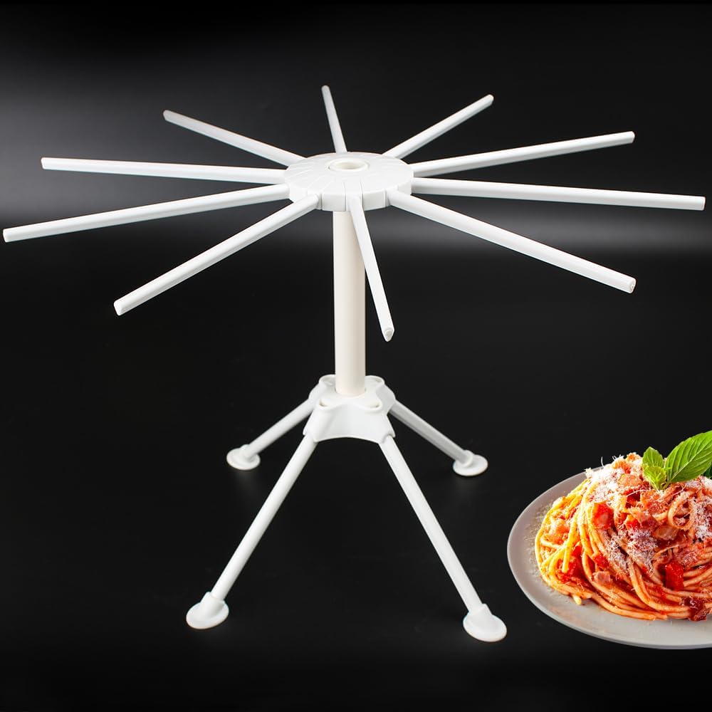 KEOUKE Collapsible Pasta Drying Rack - Foldable 10-Rod Pasta Dryer, Compact & Sturdy Design for Homemade Spaghetti Noodles, Easy Storage, Plastic