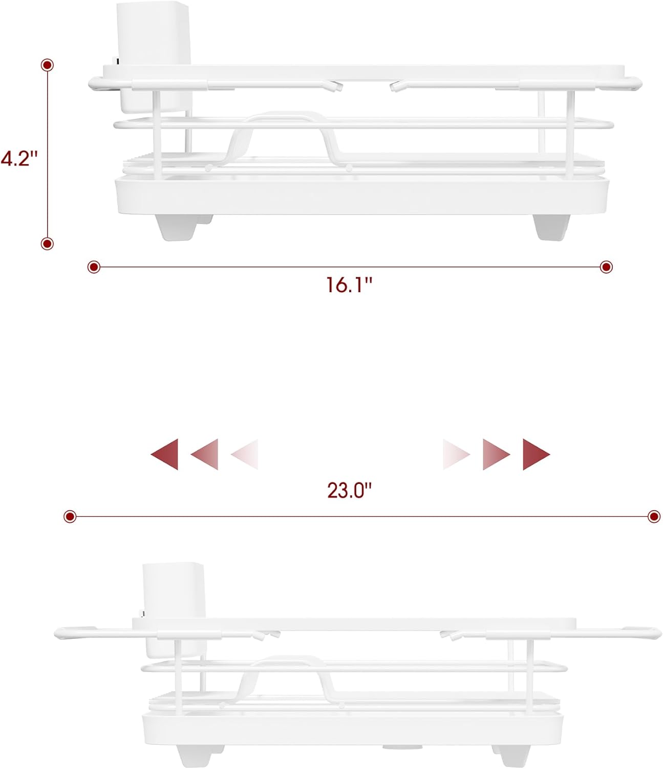 Over Sink Dish Drying Rack with Drain Board, Stainless Steel 2 in 1 Sink Organization and Storage, Dish Drainer for Kitchen Counter, Home and Apartment Essentials, 12" W x 16.1~23" L, White