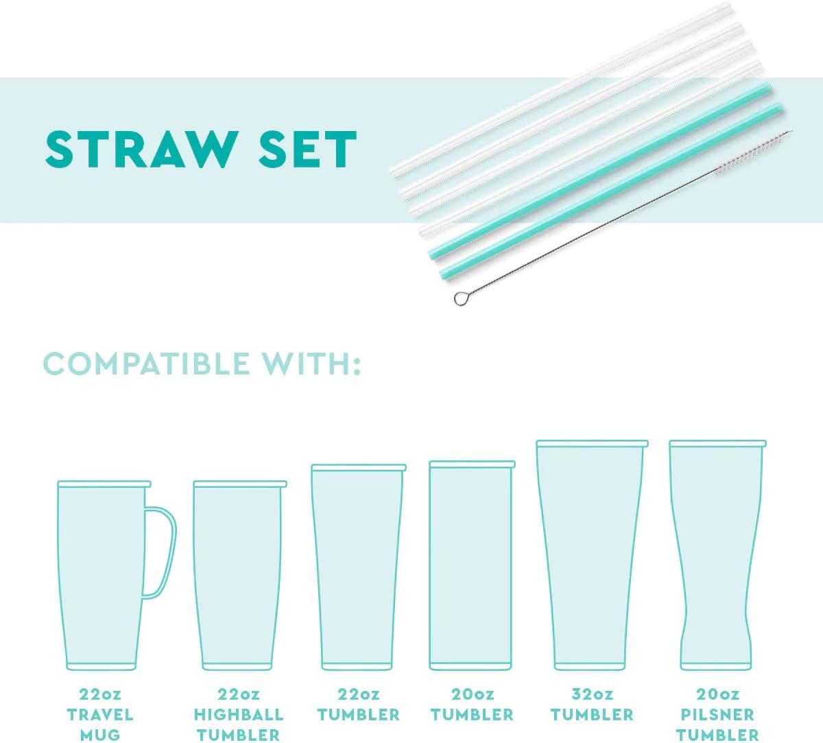 Swig Life Reusable Straws Lake Girl+ Aqua Glitter Tall Straw Set & Cleaning Brush, Each Straw is 10.25 inch Long (Fits Swig Life 20oz Tumblers, 22oz, and 32oz Tumblers)