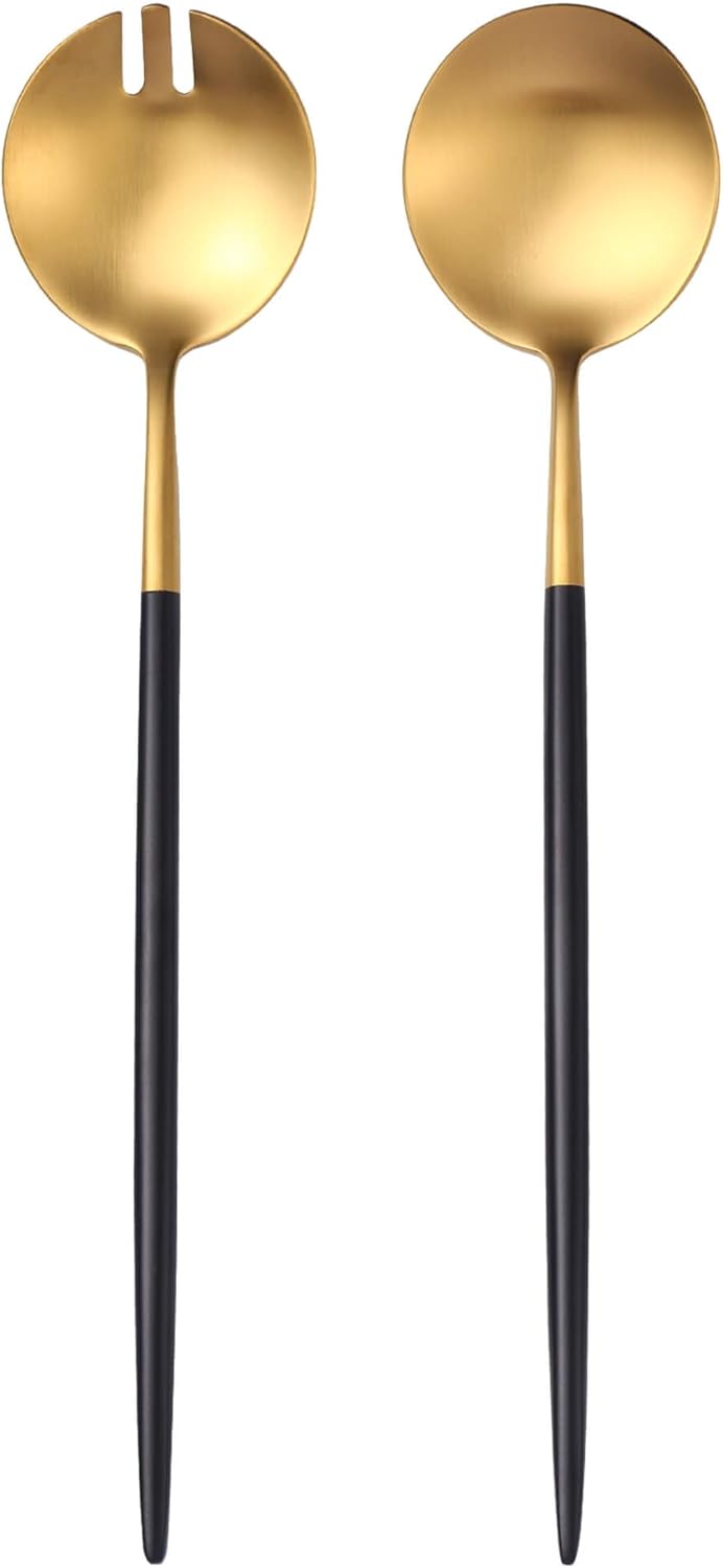 Black Gold Salad Serving Utensils, Stainless Steel Spoons, 2Pcs Long Handle Servers 11.42 Inch, Matte Finish, Dishwasher Safe