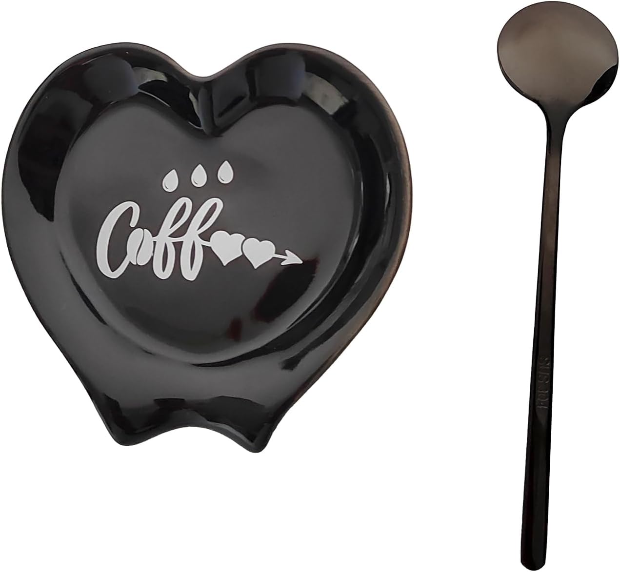 Heart-shaped Coffee Spoon Rest, Mini Coffee Spoon Holder, Small Ceramic Spoon Rest for Coffee Stirrers, Teaspoon, Bar Spoon, Coffee Bar Accessories, Coffee Station (Ture black+black Spoon)