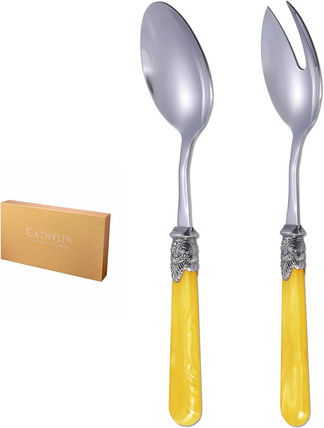 2-piece Salad Servers Stainless Steel Salad Serving Set Salad Fork and Spoon (Yellow)