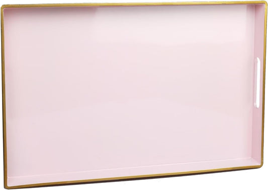 Spsyrine Pink Decorative Serving Tray with Handles, Elegant Plastic Coffee Table Tray for Ottoman, Living Room, Home Decor 15.6" X 10.2"