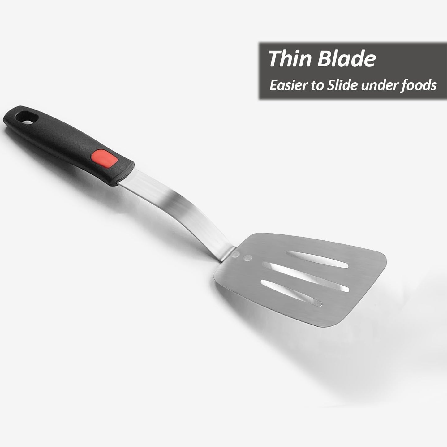 Stainless Steel Spatula, Flexible Metal Slotted Turner for Cast Iron Skillet, Thin Blade and Heat Resistant Silicone Handle, Great for Egg, Cookie, Meat, Crep, Large