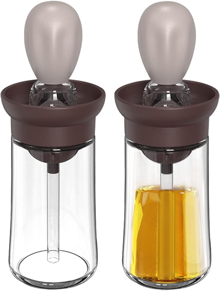 Oil Dispenser with Brush - 2 Pack 180ml Glass Olive Oil Dispenser Bottle with Basting Brush for Cooking Frying Baking Kitchen, T-OB21 Grey