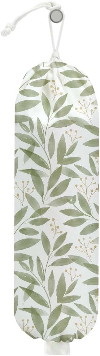 Watercolor Leaves Plastic Bag Holder, Wall Mount Grocery Bag Holder for Plastic Bags, Cottage Core Rustic Leaves Reusable Grocery Bags Storage Dispenser, Farmhouse Home Kitchen Decor