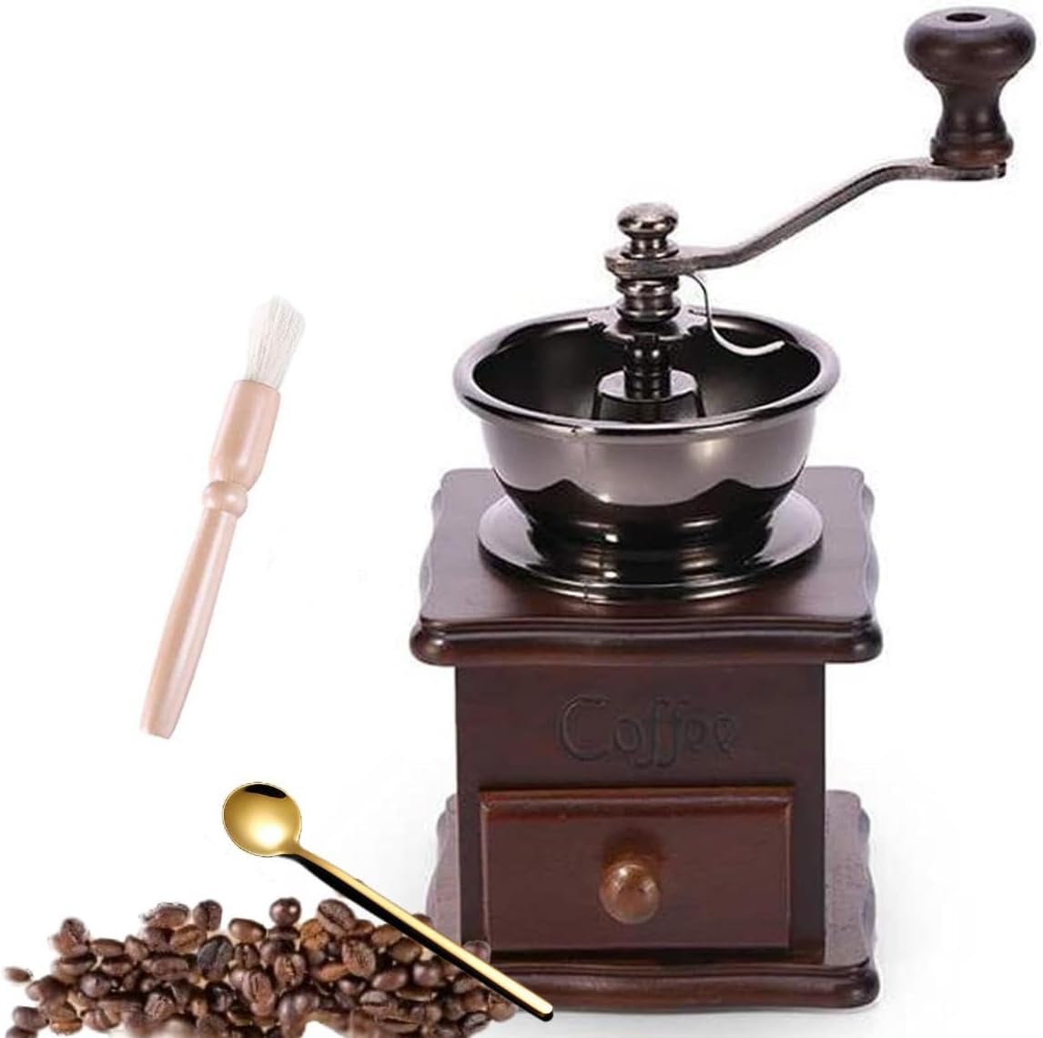 Wooden Manual Coffee Grinder Vintage Style Hand Coffee Mill Burr Coffee Grinder with Ceramic Hand Crank,Wooden Manual Coffee Grinder Cleaning Brush, (Dark Brown Upgraded Version）