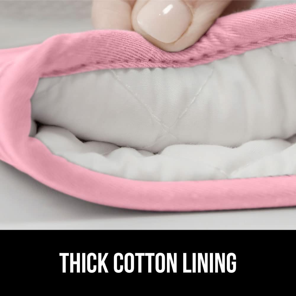 GORILLA GRIP BPA-Free Soft Silicone Oven Mitts, 14.5x8.3, Heat Resistant and Waterproof Cooking Gloves, Thick Cotton Lining, Flexible Gripping for Baking Grilling, Kitchen Potholders Set of 2, Pink