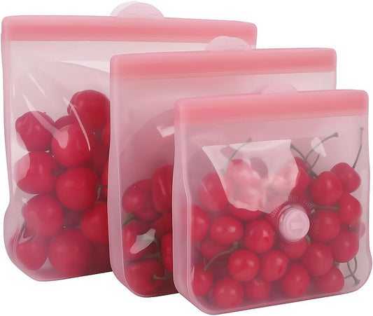Reusable Silicone Food Storage Bags – Premium Eco-Friendly Multi-Size Set (650ml/1300ml/2000ml), Leakproof, BPA-Free, Freezer & Microwave Safe, Dishwasher Friendly (Pink)