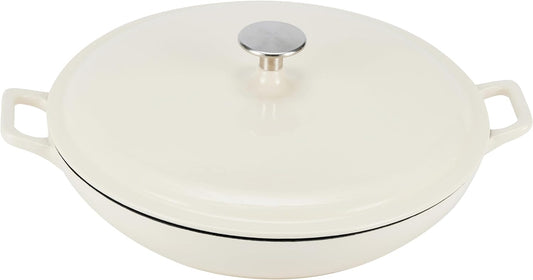 Amazon Basics Enameled Cast Iron Covered Round Casserole Skillet with Lid for Oven, 3.3-Quart, White