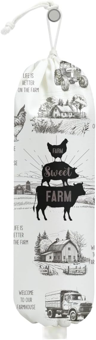 Rustic Sweet Farm Plastic Bag Holder for Kitchen Essentials, Wall Mount Grocery Bag Holder for Plastic Bags, Cow Pig Chicken Reusable Grocery Bags Storage Dispenser for Home Kitchen Farmhouse