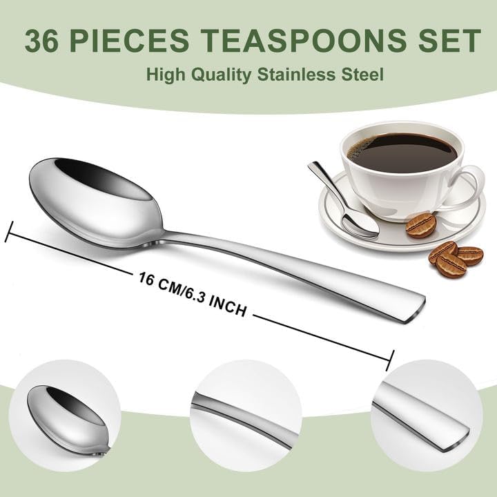 Unokit 36-Piece Tea Spoons Set, Stainless Steel, Mirror Polished, Dishwasher Safe