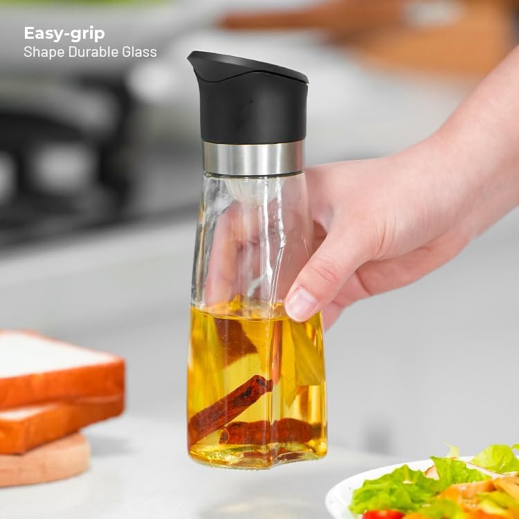 Premium Glass Olive Oil and Vinegar Dispenser Bottles Set, 2-Piece Kitchen Cooking Cruet with Auto-Open Lid, Non-Drip Pouring Spout, Oil Infuser Filter, Dishwasher Safe (White 11oz)