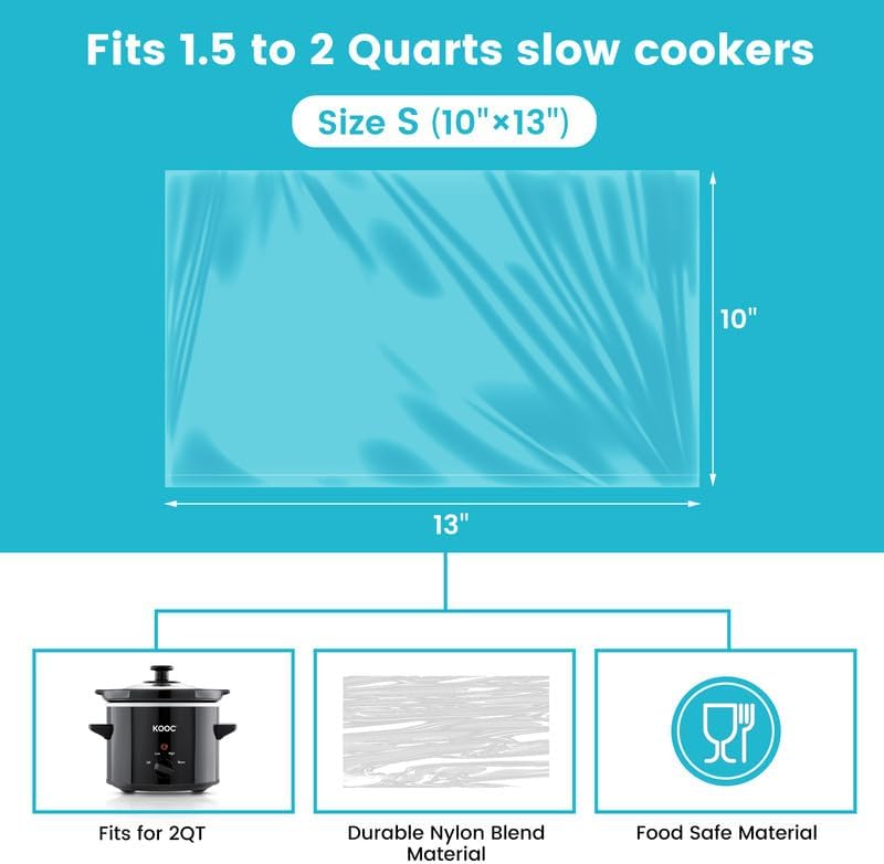 KOOC Slow Cooker Liners 10"x13" 20 count Small Size Disposable Plastic Bags Pot Liners Brunch Cooking Bags Fit 1.5 qt to 2 qt Pot BPA Free