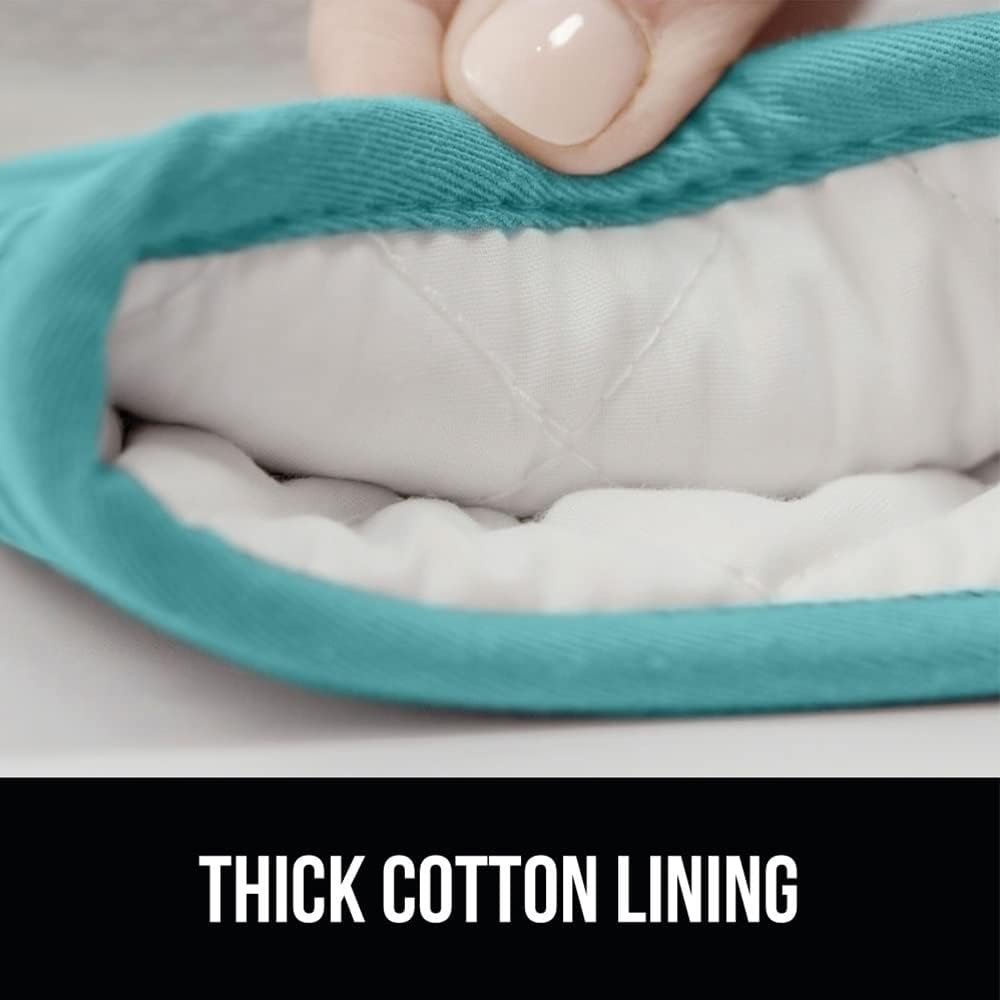 GORILLA GRIP BPA-Free Soft Silicone Oven Mitts and Pot Holders Sets, Heat Resistant Waterproof Cooking Gloves, Thick Cotton Lining, Flexible Gripping for Baking Grilling, Kitchen Trivets, Turquoise